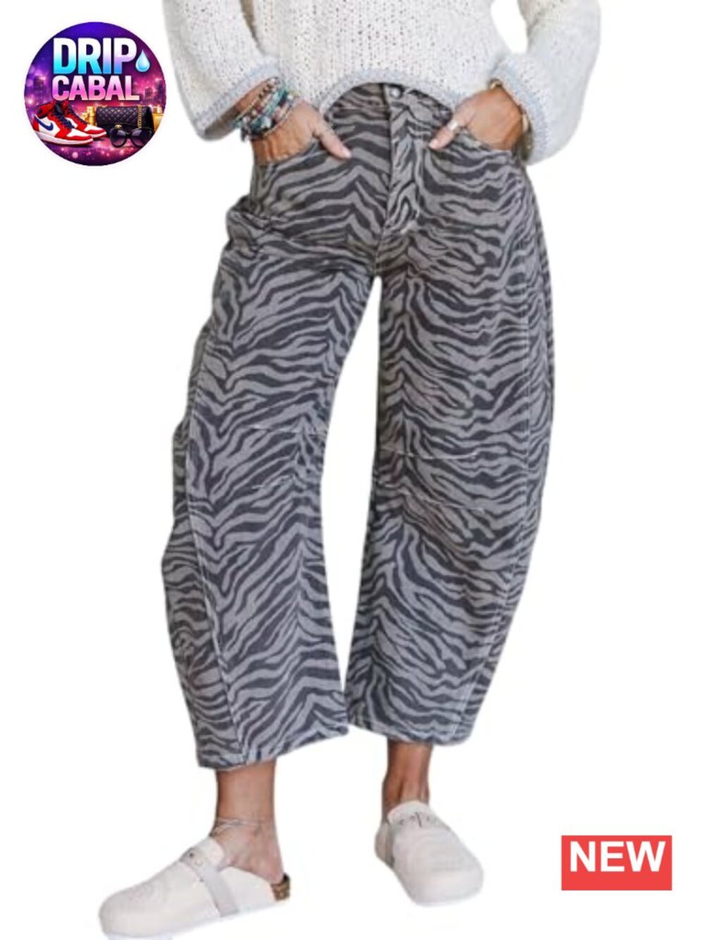 High Rise Cropped Baggy Barrel Jeans Zebra Print Wide Leg Denim